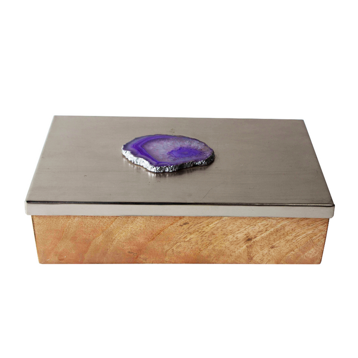 Decorative Box with Agate Top | Wooden Box With Silver Finish Lid | Hand-Crafted | Storage