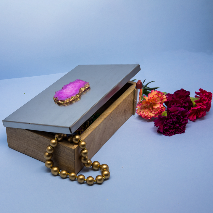 Decorative Box with Agate Top | Wooden Box With Silver Finish Lid | Hand-Crafted | Storage