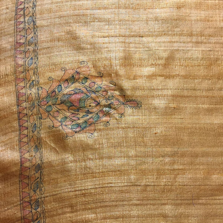 Madhubani Hand Painted Mustard Saree | Handloom Tussar Ghicha Silk | Multi-Colour Painting