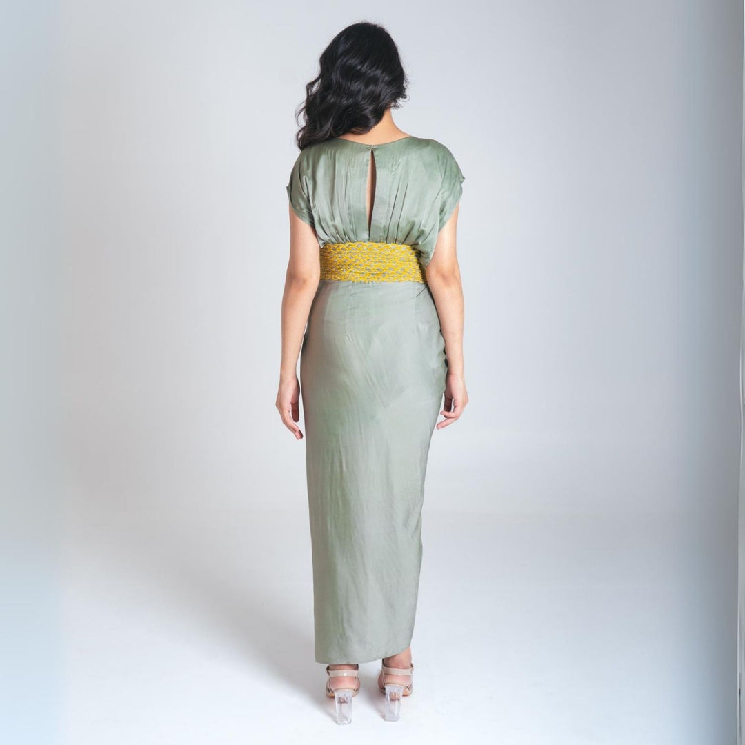 Green-Yellow Braided Cocktail Gown | Modal | Tailored Fit | Statement Design