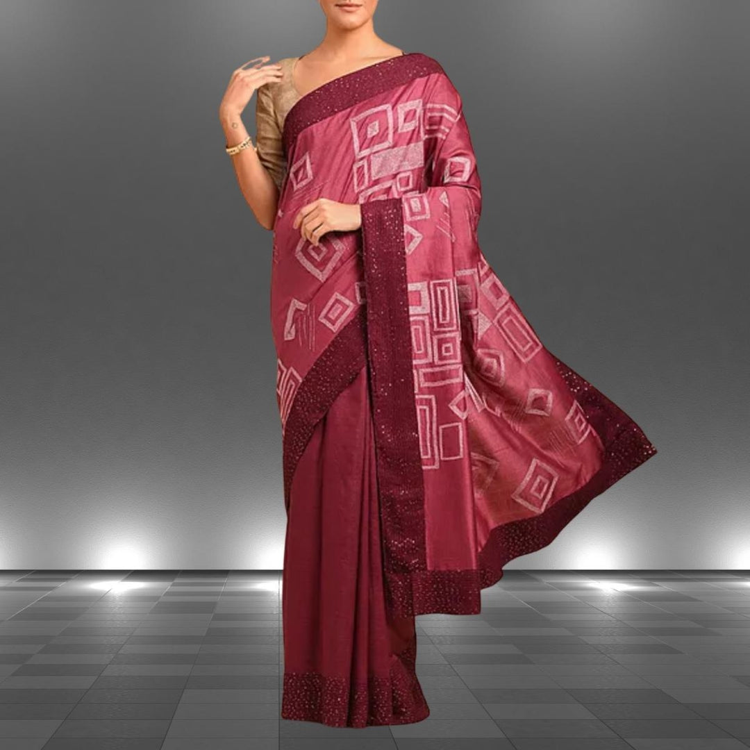 Maroon Tussar Eri Silk Saree | Sujani Embroidery | Festive Shimmer | Geometric Motiff