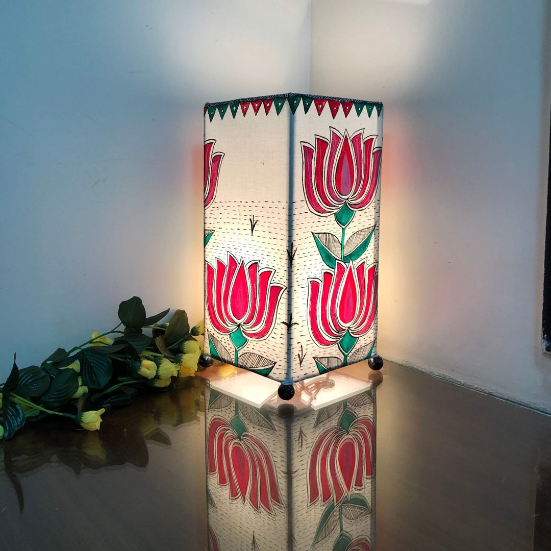 Madhubani Lotus Hand-Painted Rectangular Table Lamp | 12 X 6 Inch