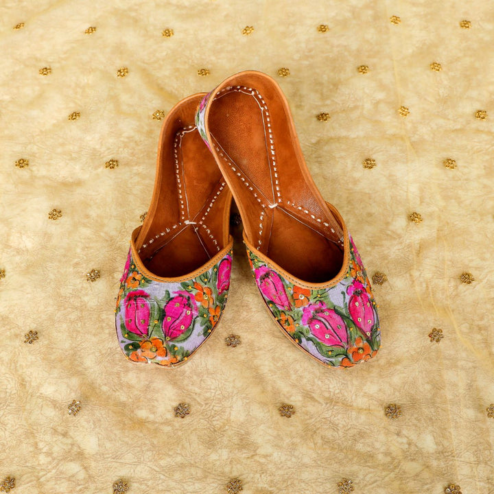 Tulip Garden Raw Silk Women Juttis | Hand Painted & Embroidered | Festive Apt