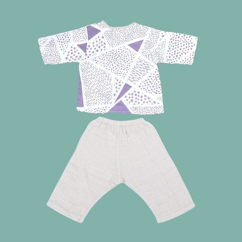 Stars Printed Grey Kimono Loungewear For Babies | 100 % Organic Muslin | Set Of 2