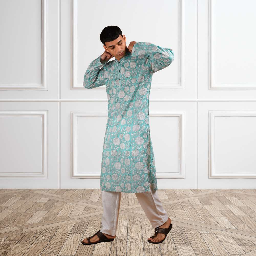 Green Hand Block Long Kurta | Cotton | Green And White