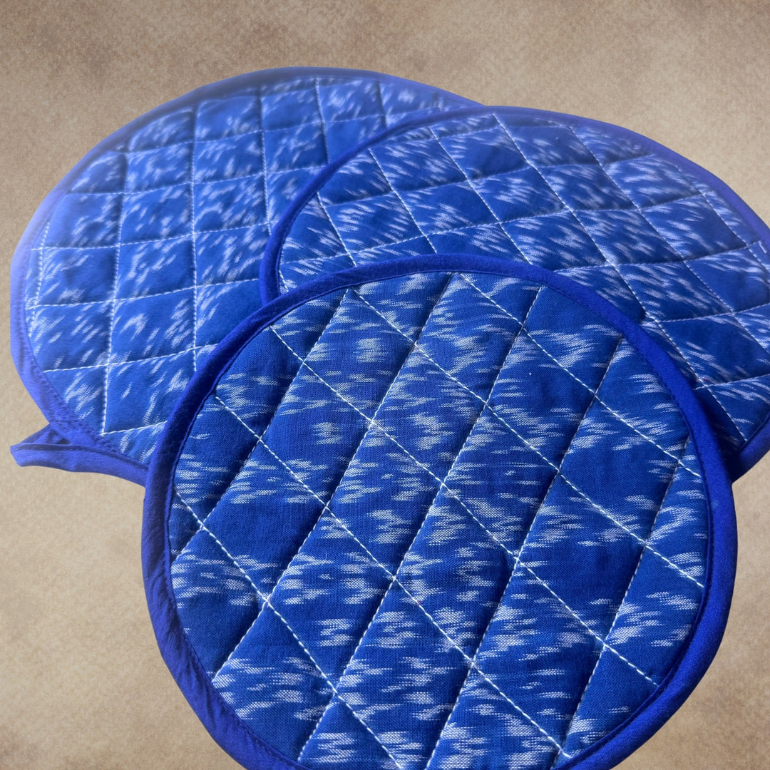 Round Pot Holder | Hand-Crafted Blue Cotton Ikat | Set of 3