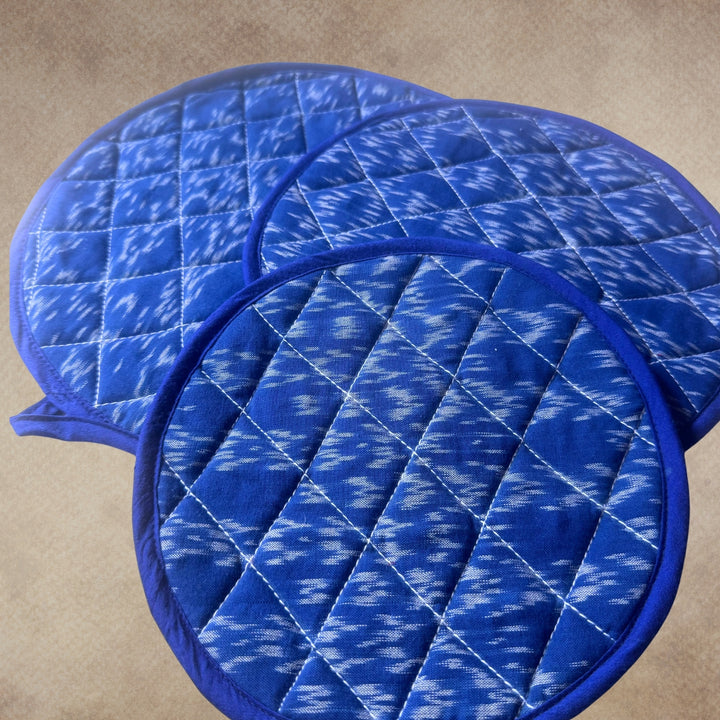 Round Pot Holder | Hand-Crafted Blue Cotton Ikat | Set of 3