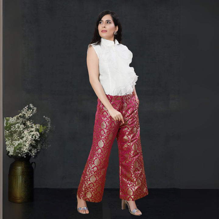 Aashvi Straight Fit Banarsi Silk Pant | Party & Festive Wear | Fuchsia Pink