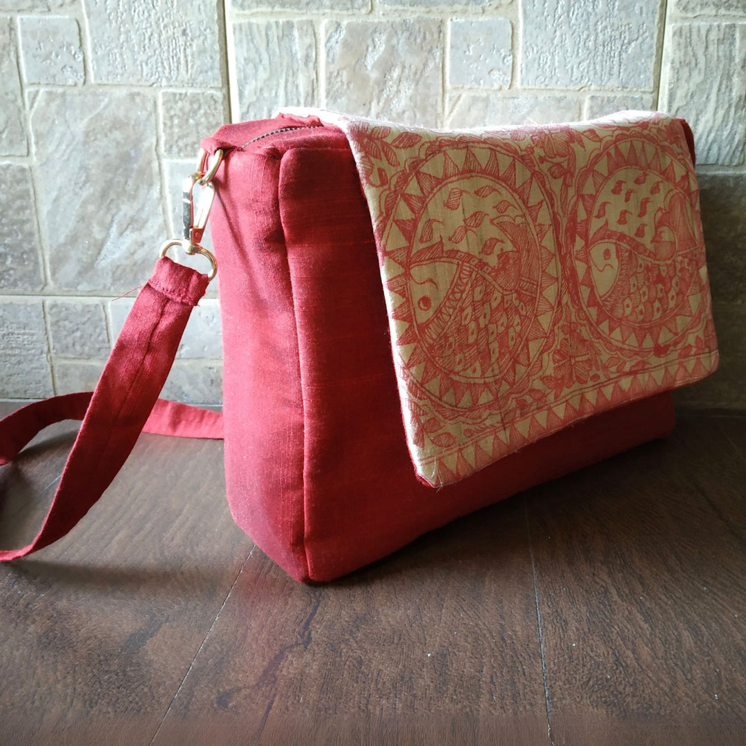 Scarlet Charm Square Sling | Tussar Silk with Madhubani Elegance