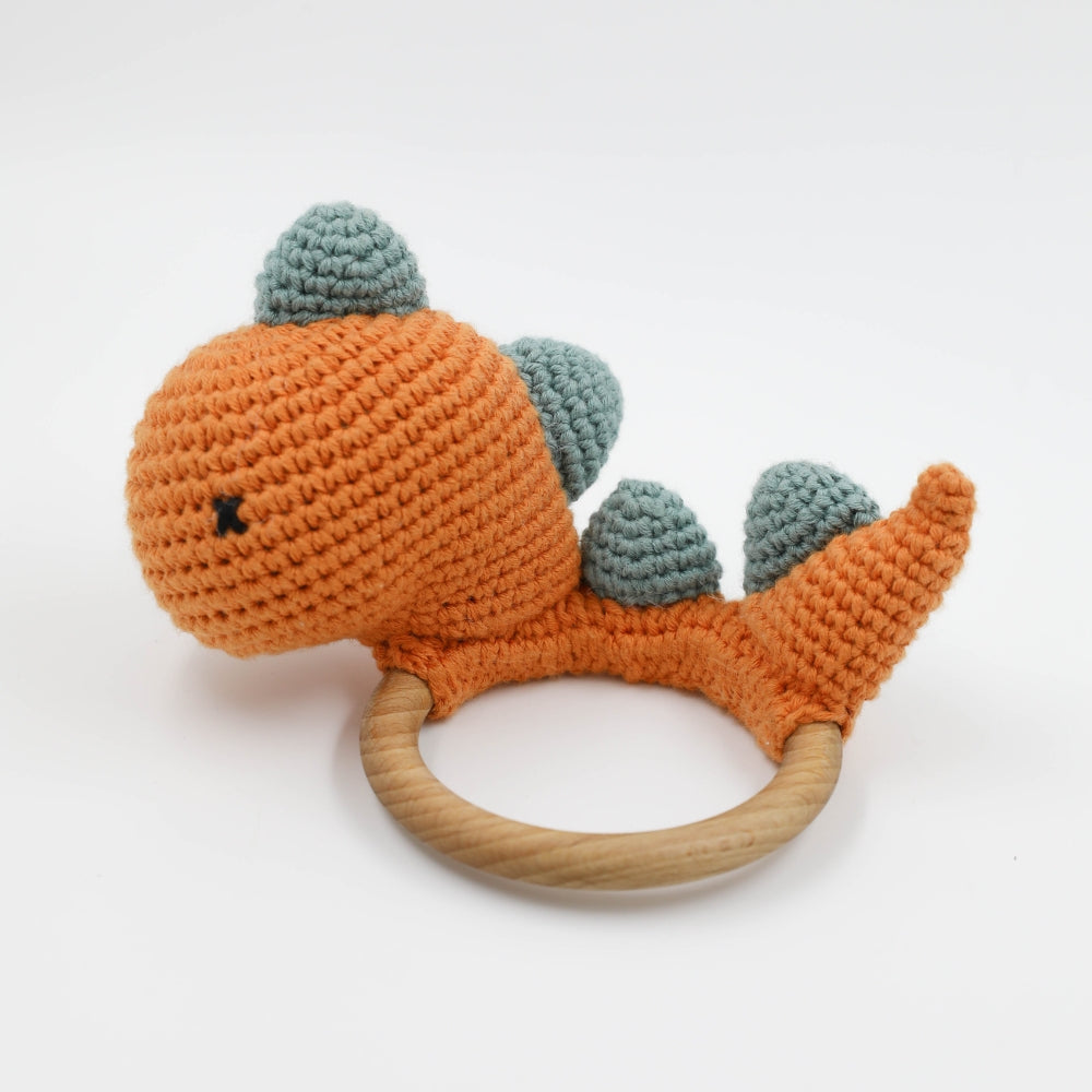 Cute Dino Teether for Babies | Hand Made of Crochet | Kids Safe | Orange & Blue