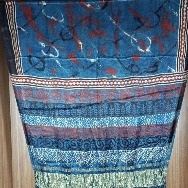 Tushki Zari Border Ajrakh Dupatta | Modal Silk | Hand-Crafted | Vibrant | Indigo Blue