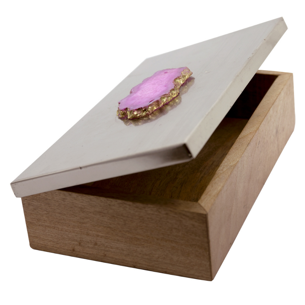 Decorative Box with Agate Top | Wooden Box With Silver Finish Lid | Hand-Crafted | Storage