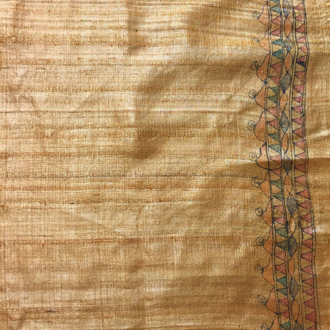 Madhubani Hand Painted Mustard Saree | Handloom Tussar Ghicha Silk | Multi-Colour Painting