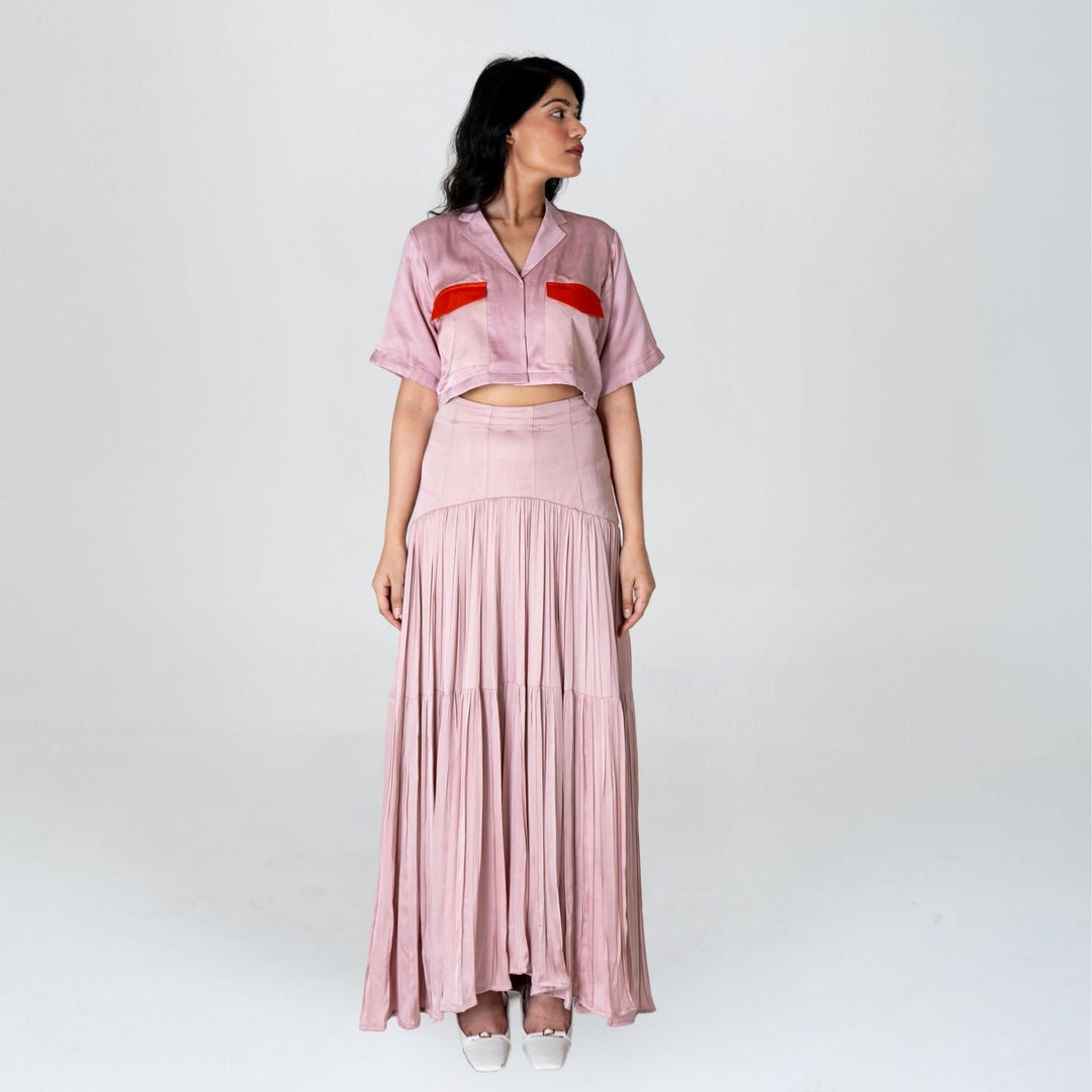 Pink-Orange Color-Blocked Maxi Skirt Set | Modal | Sustainably Stylish