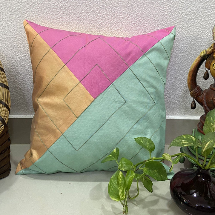 Tri-coloured Silk Cushion cover | Hand-Crafted | 16" x 16"