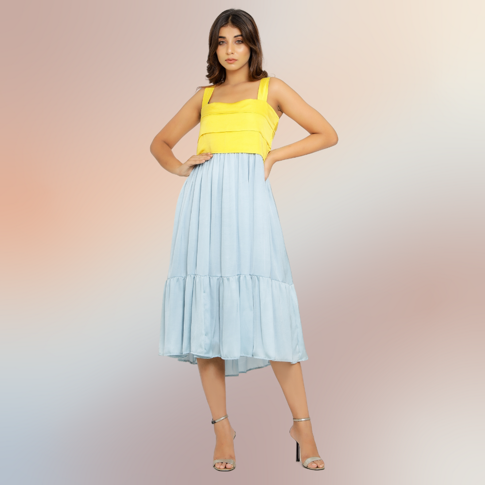 Yellow-Ice Blue Colour Block Midi Dress | Tailored from Bemberg Modal