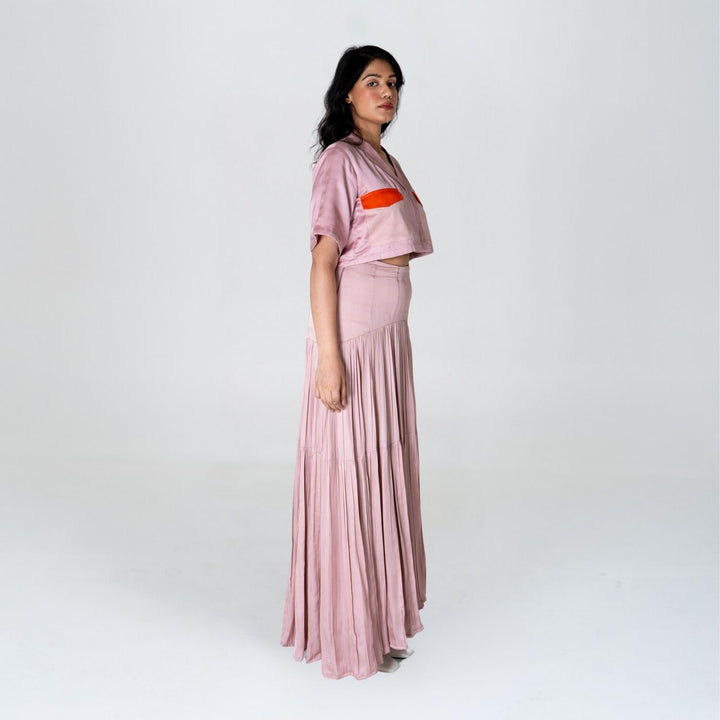 Pink-Orange Color-Blocked Maxi Skirt Set | Modal | Trendy Pairing