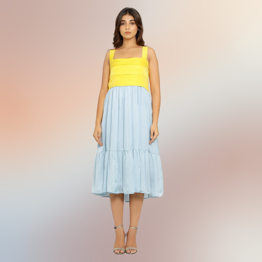 Yellow-Ice Blue Colour Block Midi Dress | Bemberg Modal Silk | Sustainable