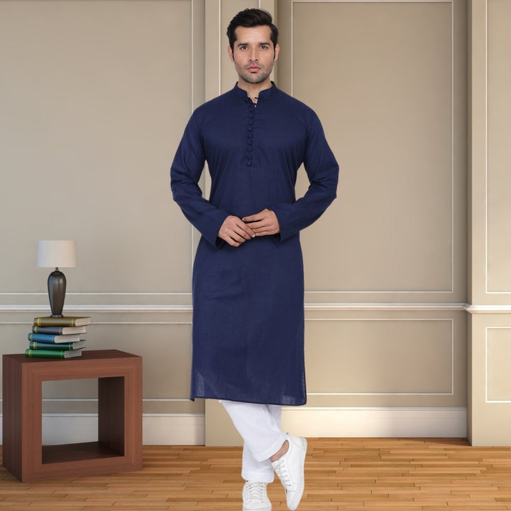 Men Ocean Long Kurta  | Cotton | Navy