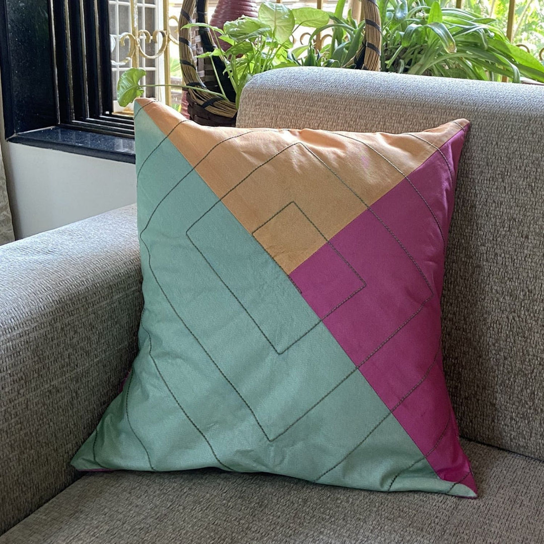 Tri-coloured Silk Cushion cover | Hand-Crafted | 16" x 16"