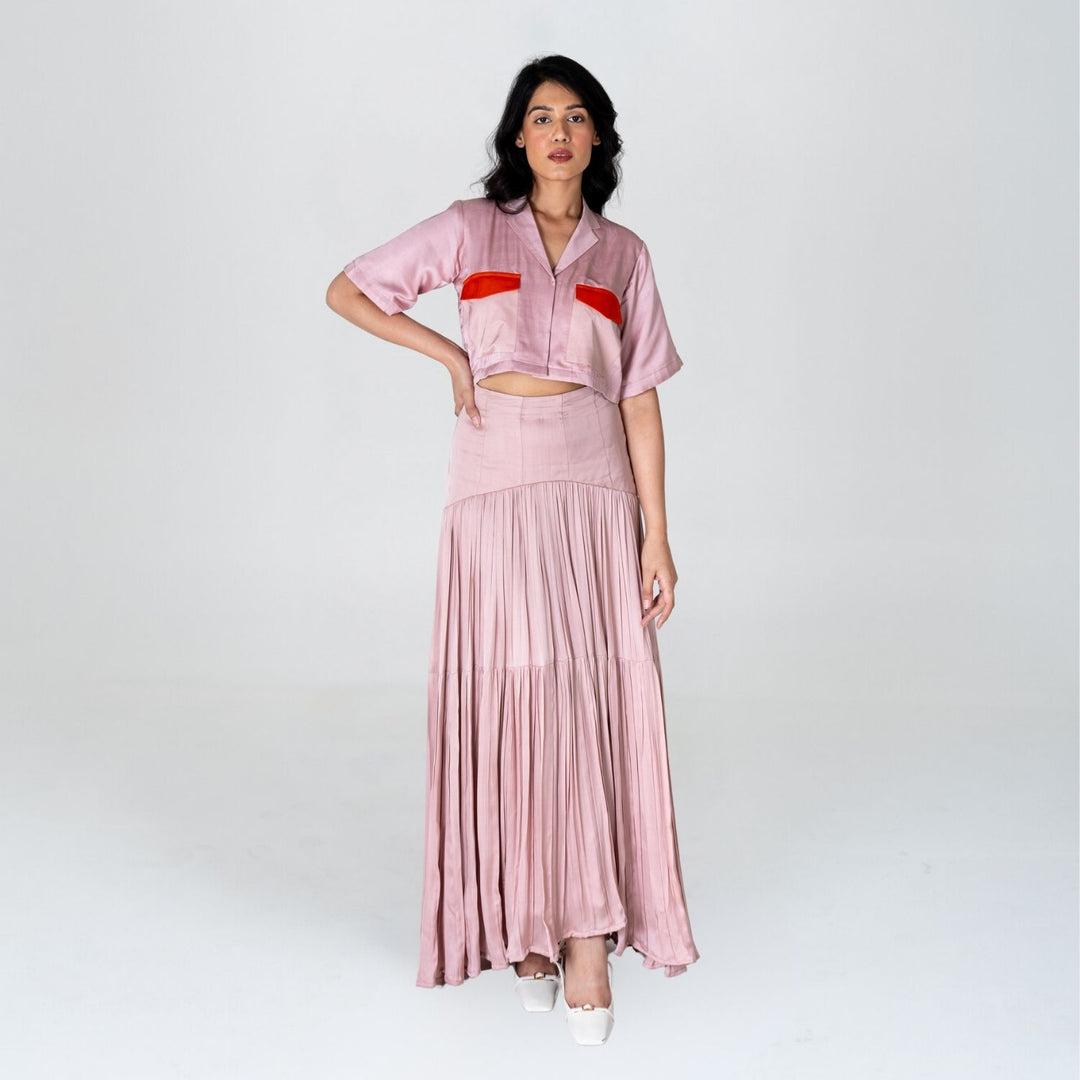 Pink-Orange Color-Blocked Maxi Skirt Set | Modal | Trendy Pairing