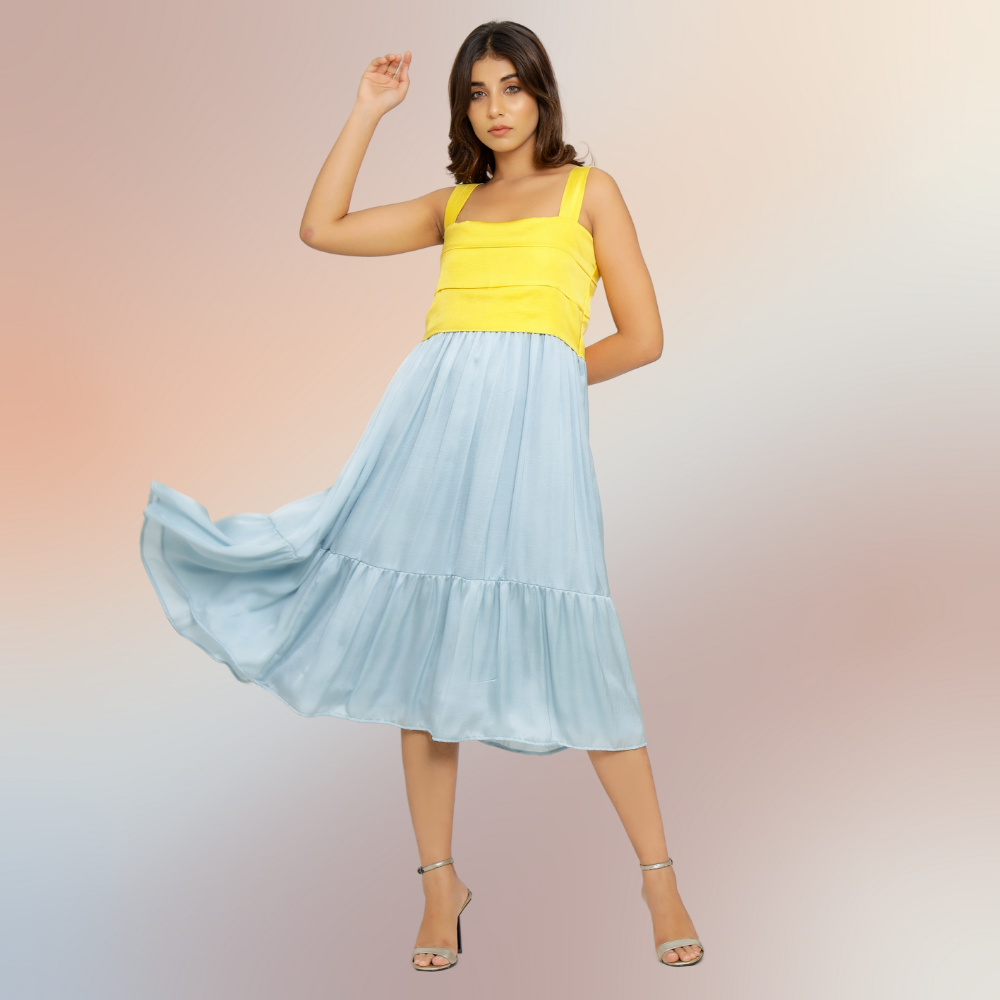 Yellow-Ice Blue Colour Block Midi Dress | Tailored from Bemberg Modal