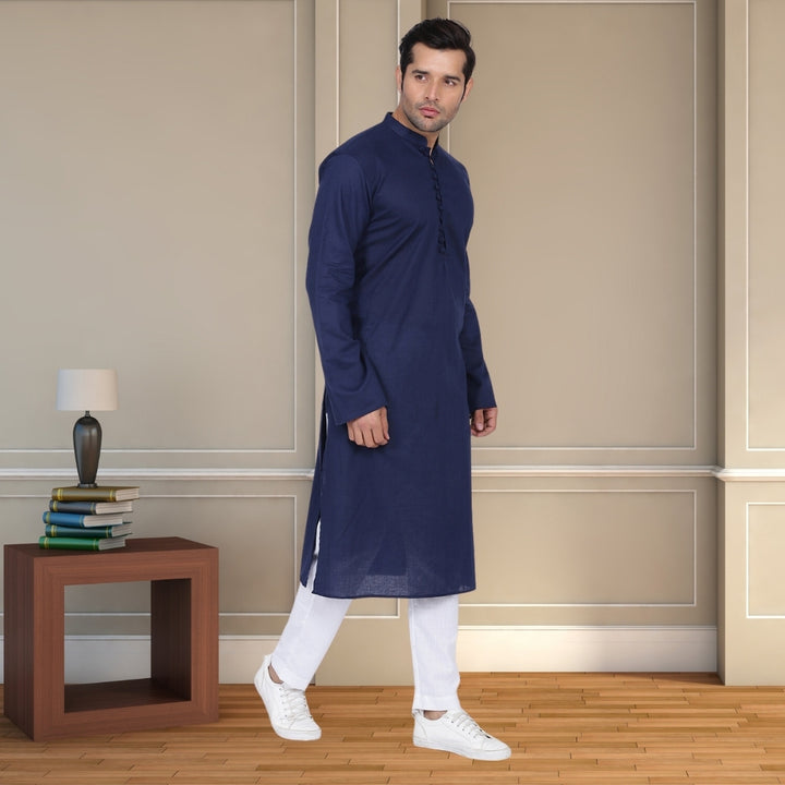 Men Ocean Long Kurta  | Cotton | Navy