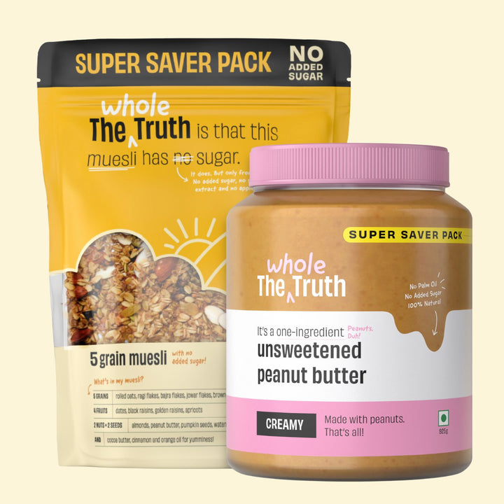 Supersaver Breakfast Combo | Unsweetened Peanut Butter Crunchy (925g) + No Added Sugar Muesli (750g) | No Added Sugar | No Preservatives | No Added Flavours | 100% Natural