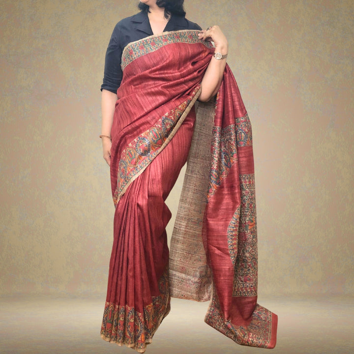 Red Tussar Ghicha Silk Designer Saree | Madhubani Painted | Classy And Festive Wear 