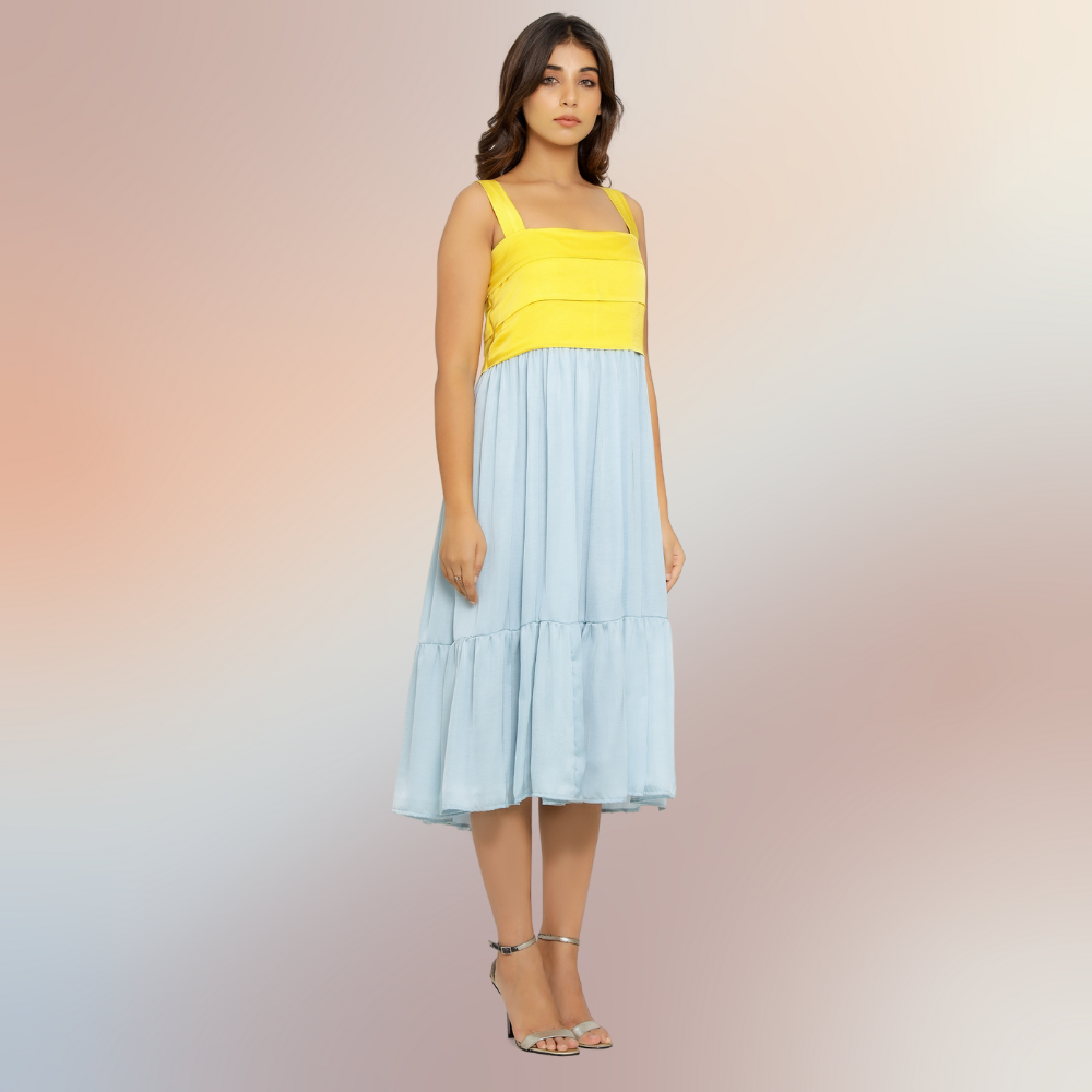 Yellow-Ice Blue Colour Block Midi Dress | Tailored from Bemberg Modal