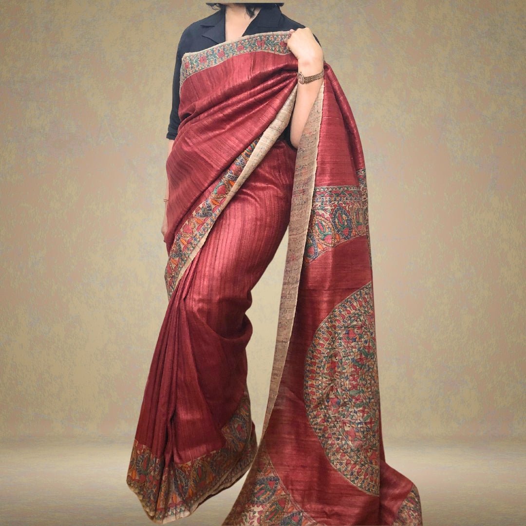 Red Tussar Ghicha Silk Designer Saree | Madhubani Painted | Classy And Festive Wear 