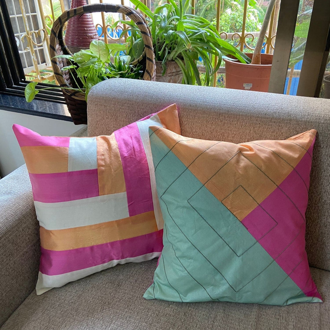 Tri-coloured Silk Cushion cover | Hand-Crafted | 16" x 16"