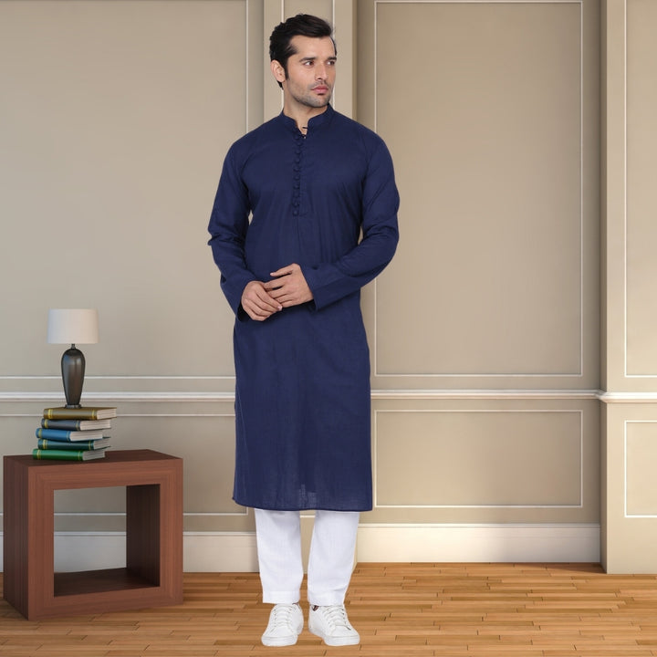 Men Ocean Long Kurta  | Cotton | Navy