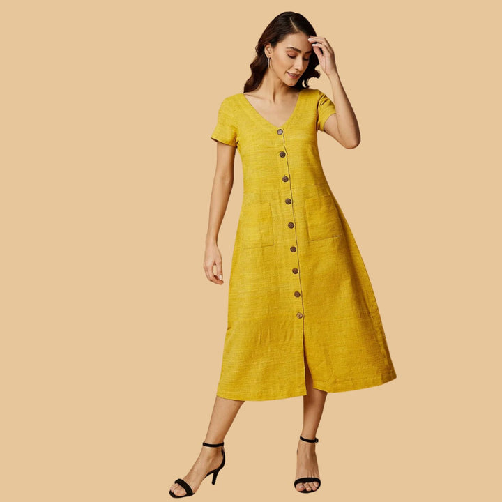 Women Midi Dress | A-Line Dress | Peace Silk  | Minimalistic Style | Yellow