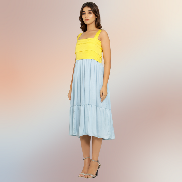 Yellow-Ice Blue Colour Block Midi Dress | Tailored from Bemberg Modal