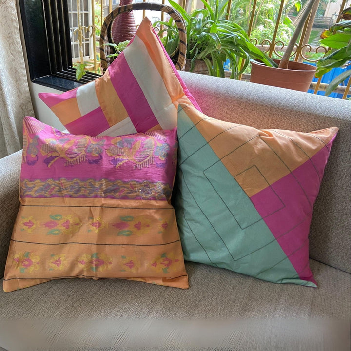 Tri-coloured Silk Cushion cover | Hand-Crafted | 16" x 16"