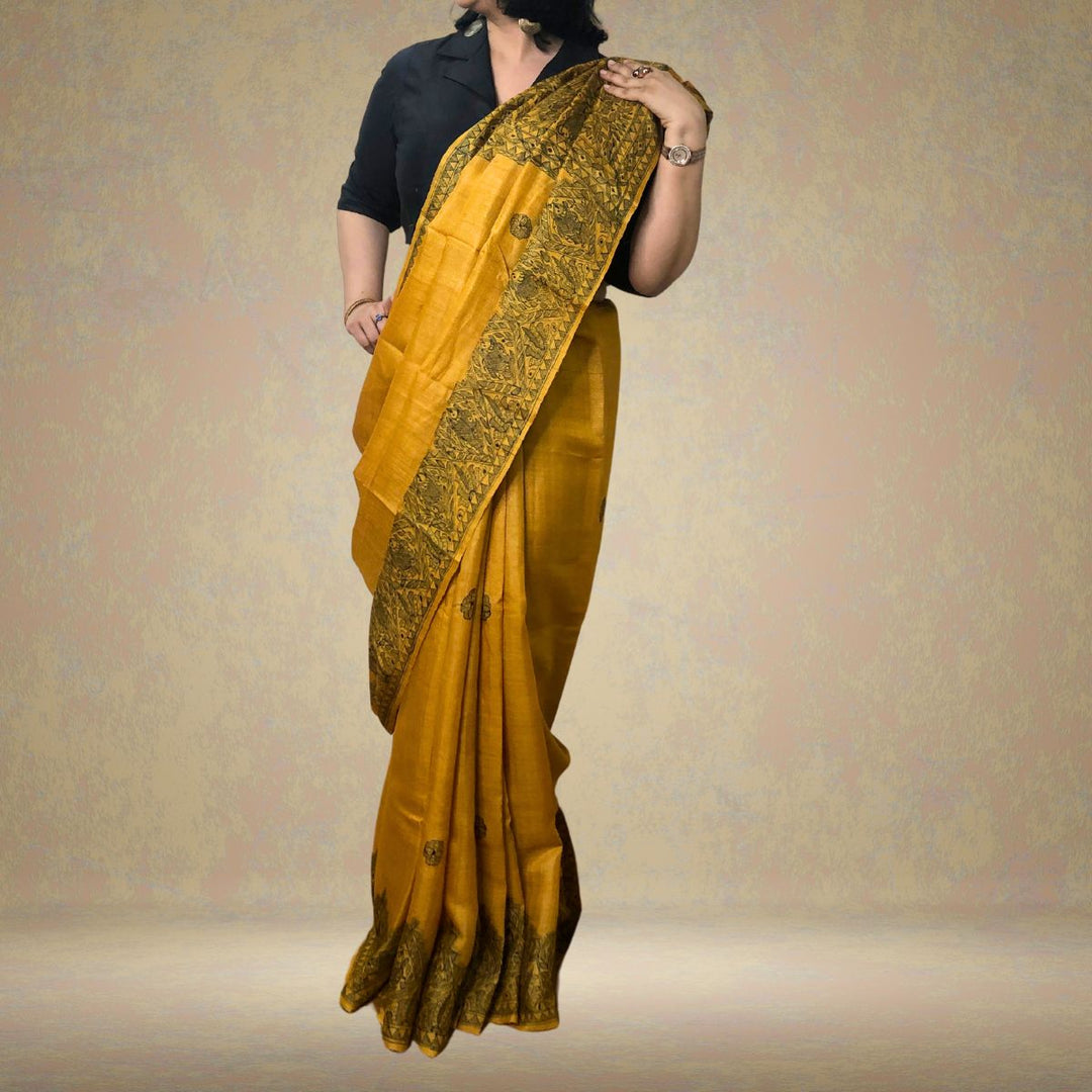 Mustard Tussar Ghicha Silk Saree with Madhubani Painted Art | Artisanal & Craft Rich  | Festive and Formal Wear 