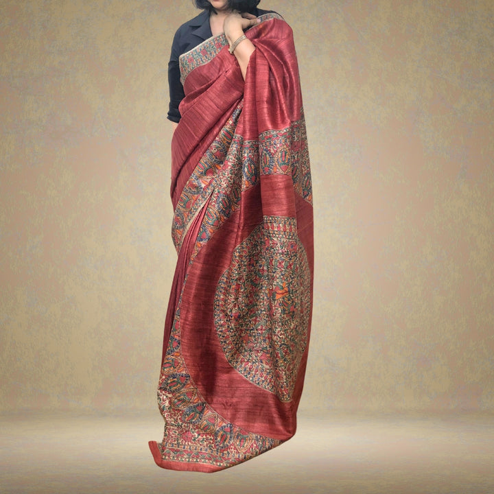 Red Tussar Ghicha Silk Designer Saree | Madhubani Painted | Classy And Festive Wear 