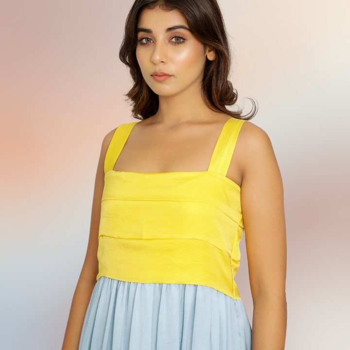 Yellow-Ice Blue Colour Block Midi Dress | Tailored from Bemberg Modal