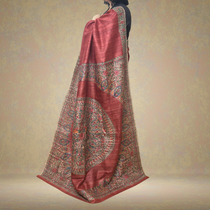 Red Tussar Ghicha Silk Designer Saree | Madhubani Painted | Classy And Festive Wear 