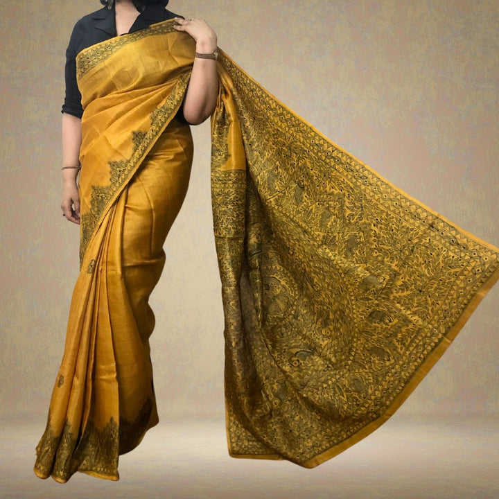 Mustard Tussar Ghicha Silk Saree with Madhubani Painted Art | Artisanal & Craft Rich  | Festive and Formal Wear 