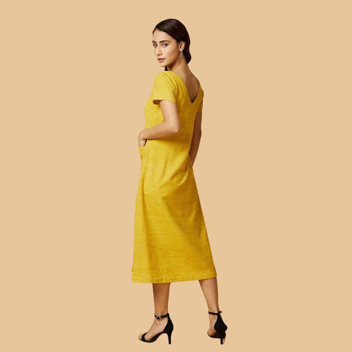 Women Midi Dress | A-Line Dress | Peace Silk  | Minimalistic Style | Yellow