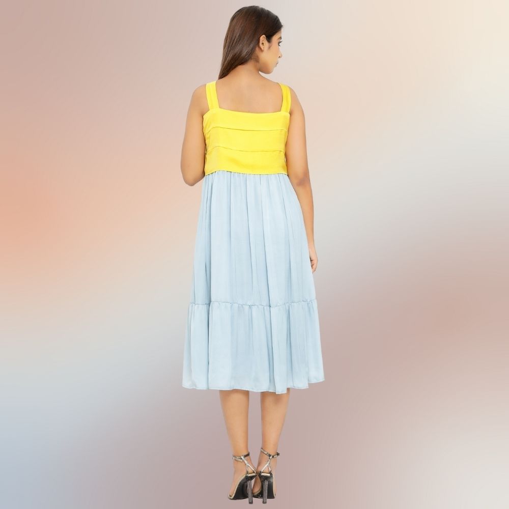 Yellow-Ice Blue Colour Block Midi Dress | Tailored from Bemberg Modal