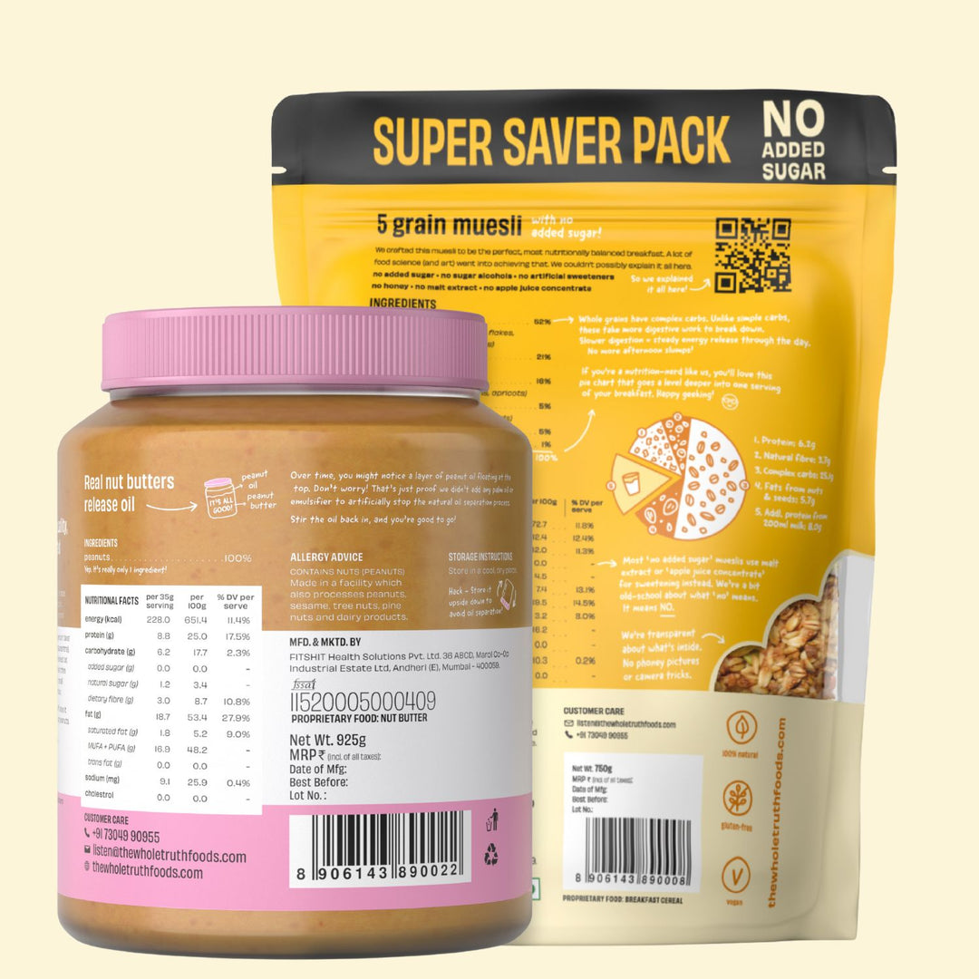 Supersaver Breakfast Combo | Unsweetened Peanut Butter Crunchy (925g) + No Added Sugar Muesli (750g) | No Added Sugar | No Preservatives | No Added Flavours | 100% Natural