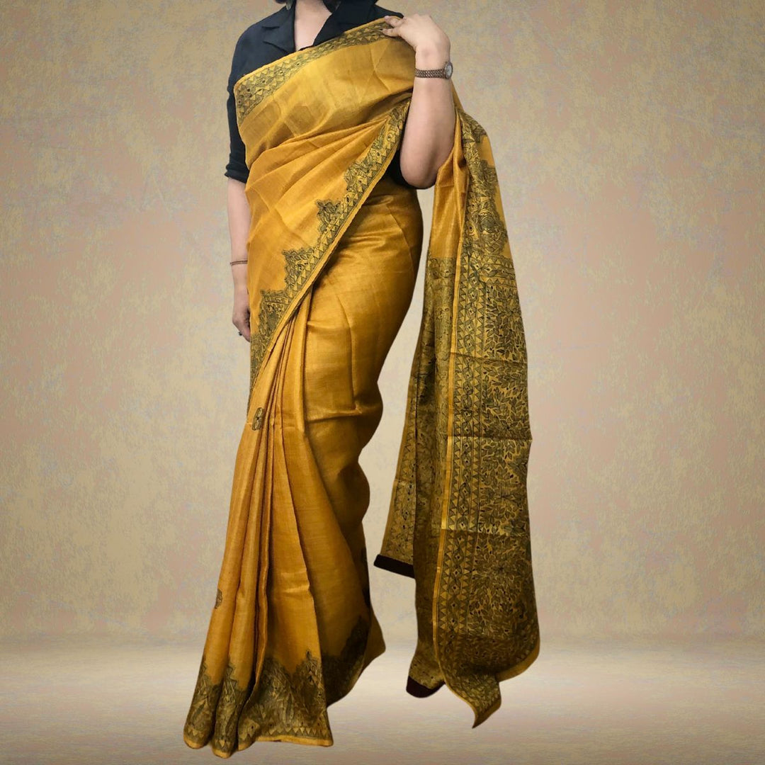 Mustard Tussar Ghicha Silk Saree with Madhubani Painted Art | Artisanal & Craft Rich  | Festive and Formal Wear 