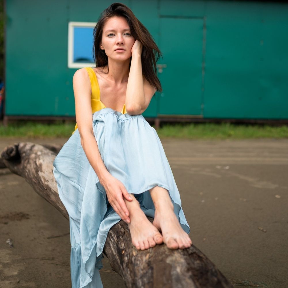 Yellow-Ice Blue Colour Block Midi Dress | Tailored from Bemberg Modal