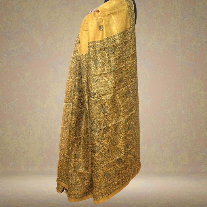 Mustard Tussar Ghicha Silk Saree with Madhubani Painted Art | Artisanal & Craft Rich  | Festive and Formal Wear 