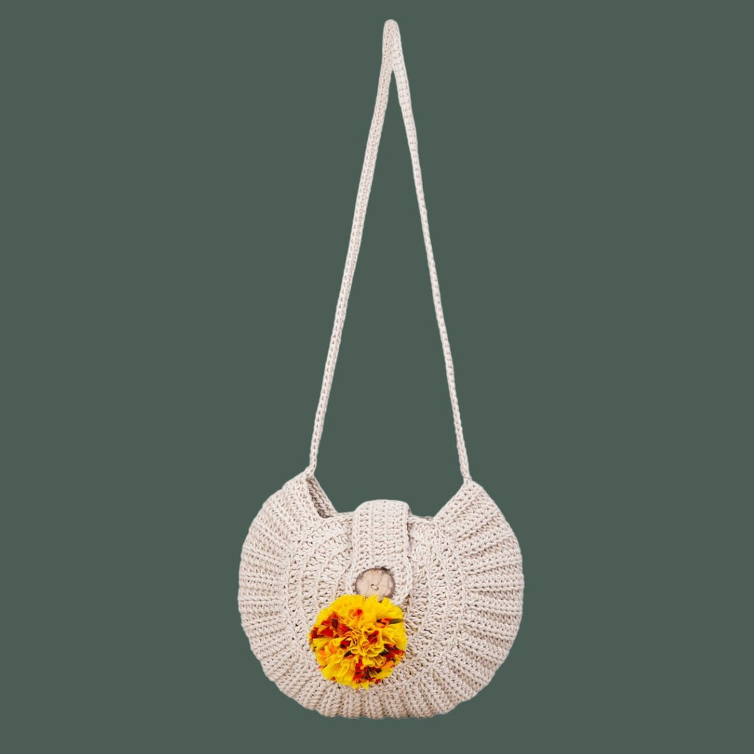 Hand-Crafted Semi-circle Sling Bag  | Hand-Crochet | Cotton Yarn | Off White