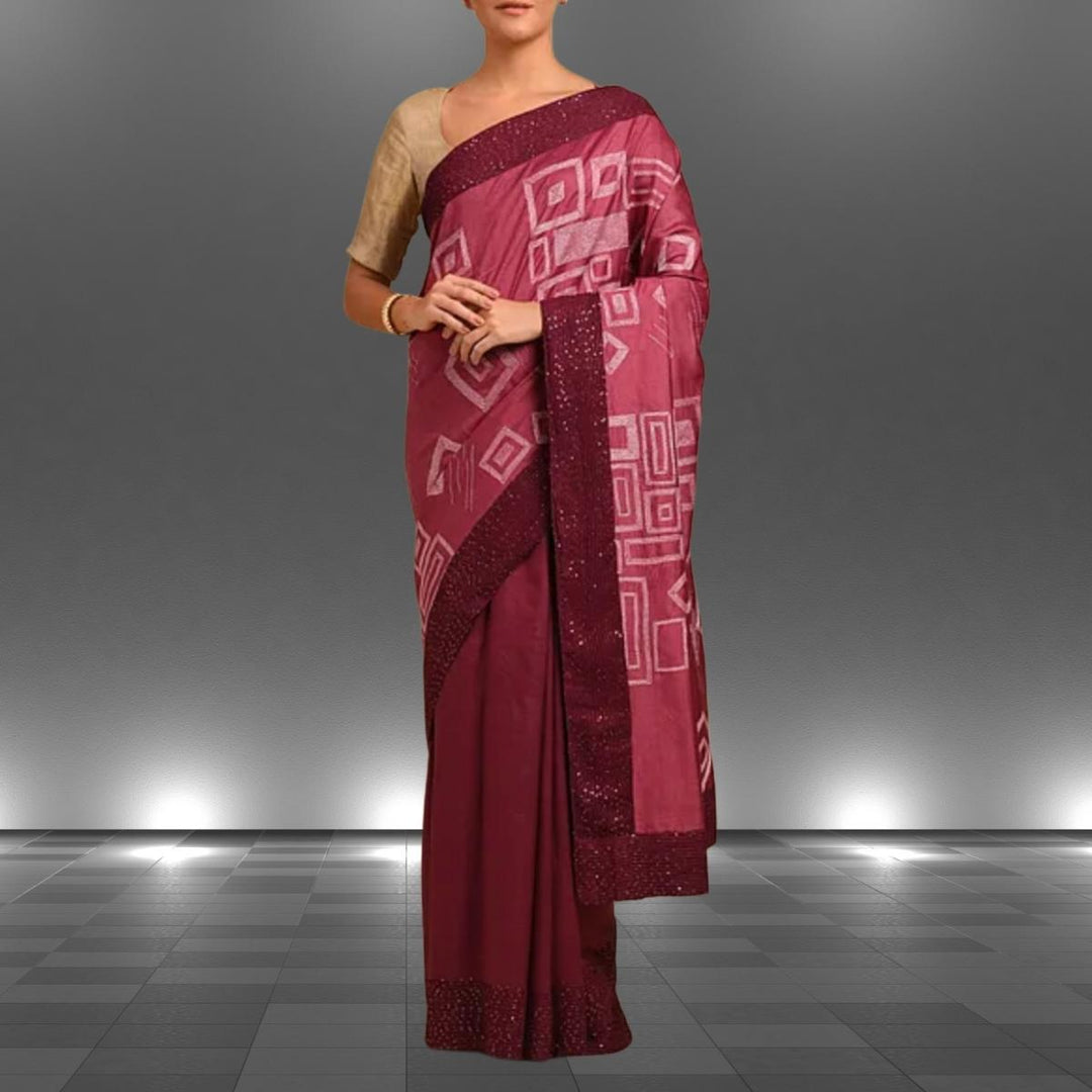 Maroon Tussar Eri Silk Saree with Sujani Crafts and Festive Shimmer | Handloom & Artisanal | Geometrical Motif 