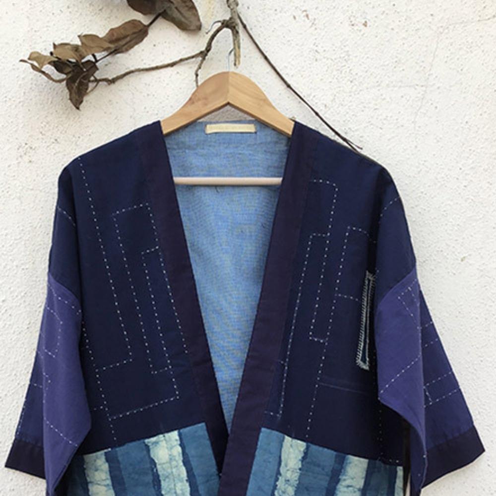 Indigo Kimono Jacket | Upcycled | Hand-Crafted | Kantha Embroidery